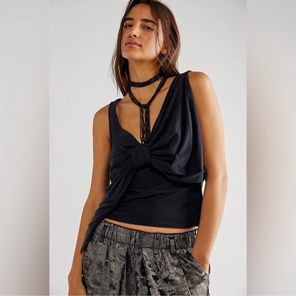 New Women’s Free People Black Oversized Bow Tied Up Midi Top In Black
